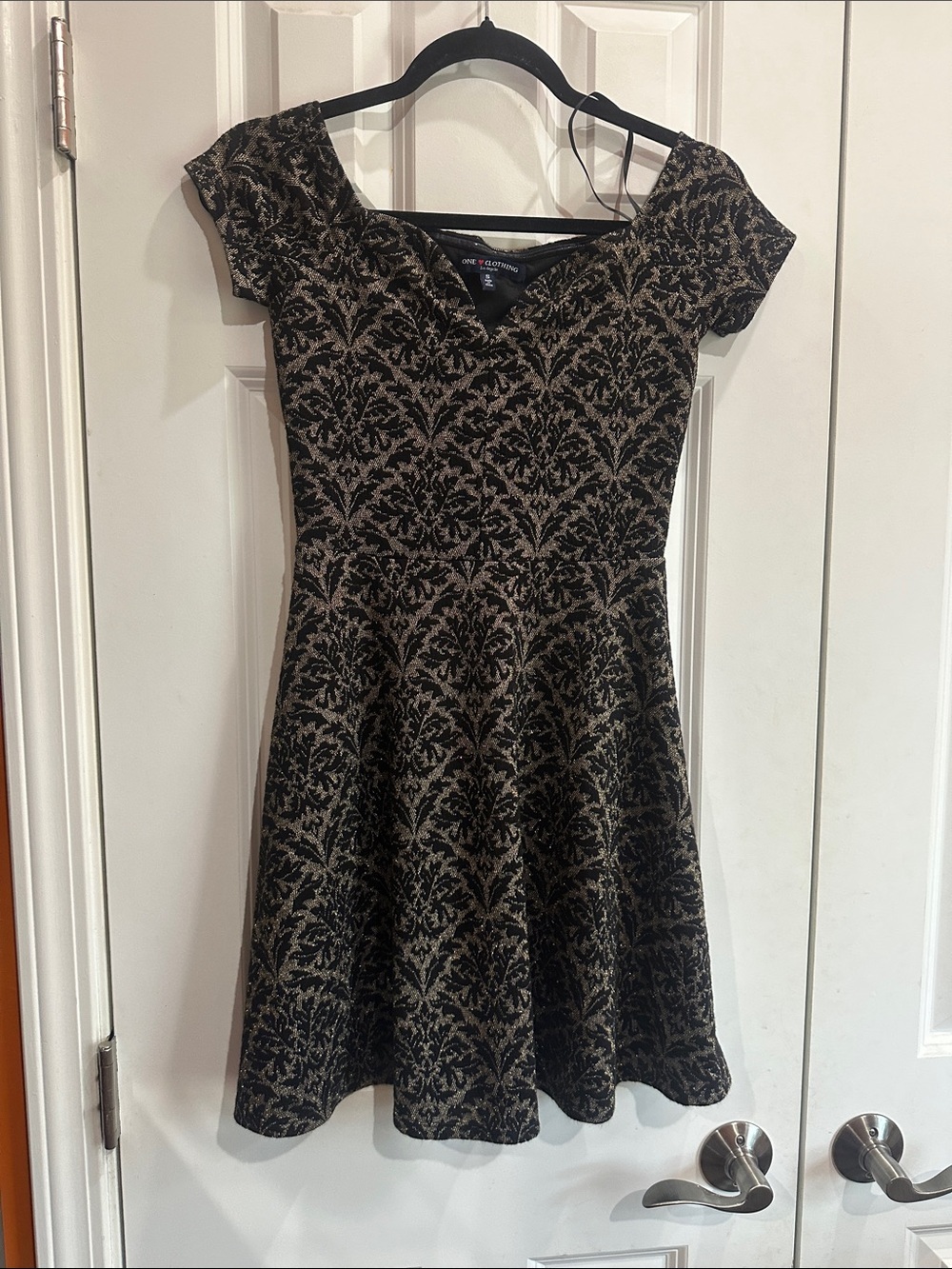 NWOT Black and Gold Patterned Fit-and-Flare Dress size S